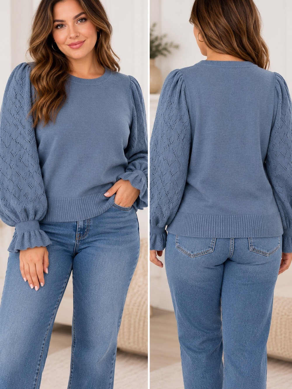 Zac & Rachel 3X Blue Pointelle Puff Sleeve Ruffle Cuff Sweater Dusty Blue NWT💙